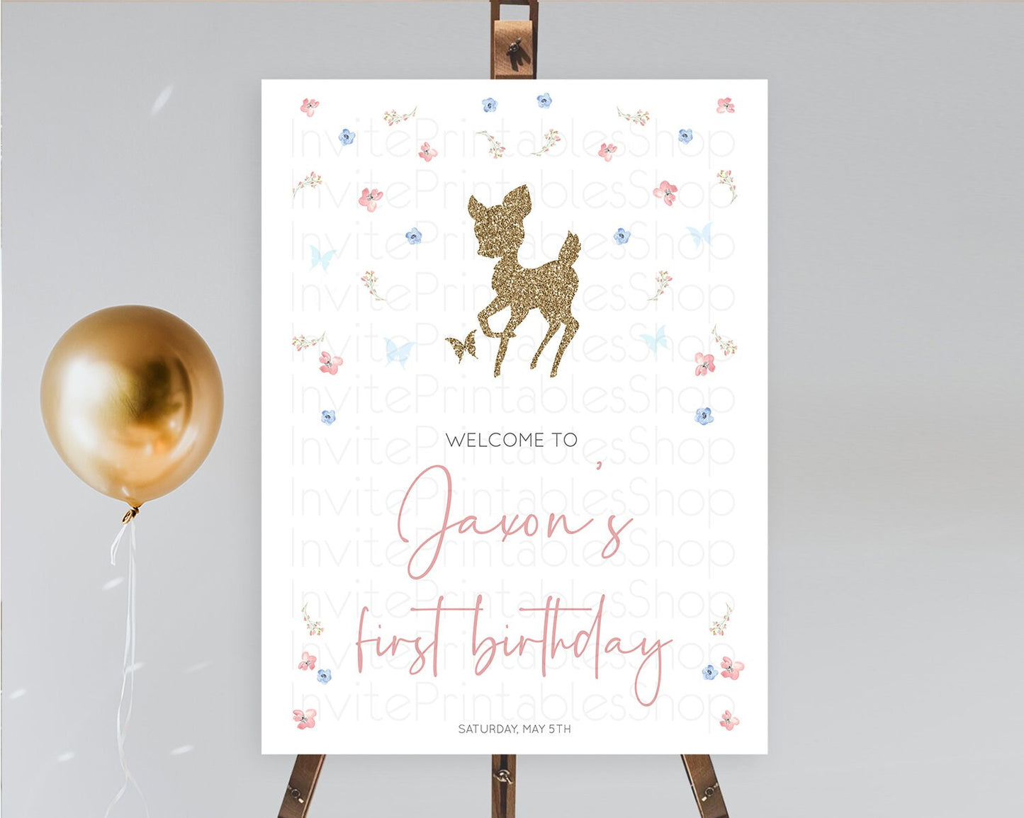 Fawn Welcome Sign Deer Welcome Board Floral Deer Welcome Poster Enchanted Forest Butterfly Pastel Floral First Birthday Welcome Sign D10359