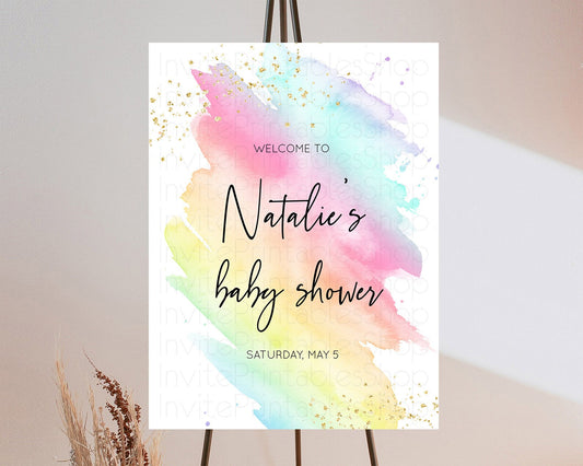 Pastel Baby Shower Welcome Sign Pastel Rainbow Welcome Sign Colorful Rainbow Confetti Watercolor Glitter Décor Pastel  Welcome Sign D10495