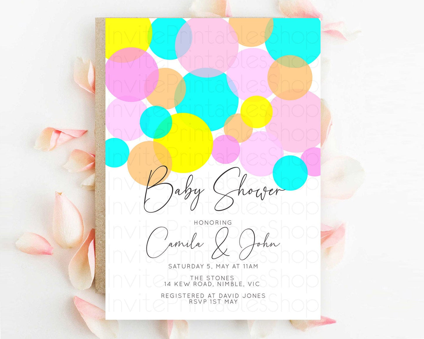 Pastel Rainbow Baby Shower Invitation, Colorful Confetti, Sprinkles, Bubbles, Vibrant Blue, Pink, Yellow Confetti Theme Gender Reveal D10896