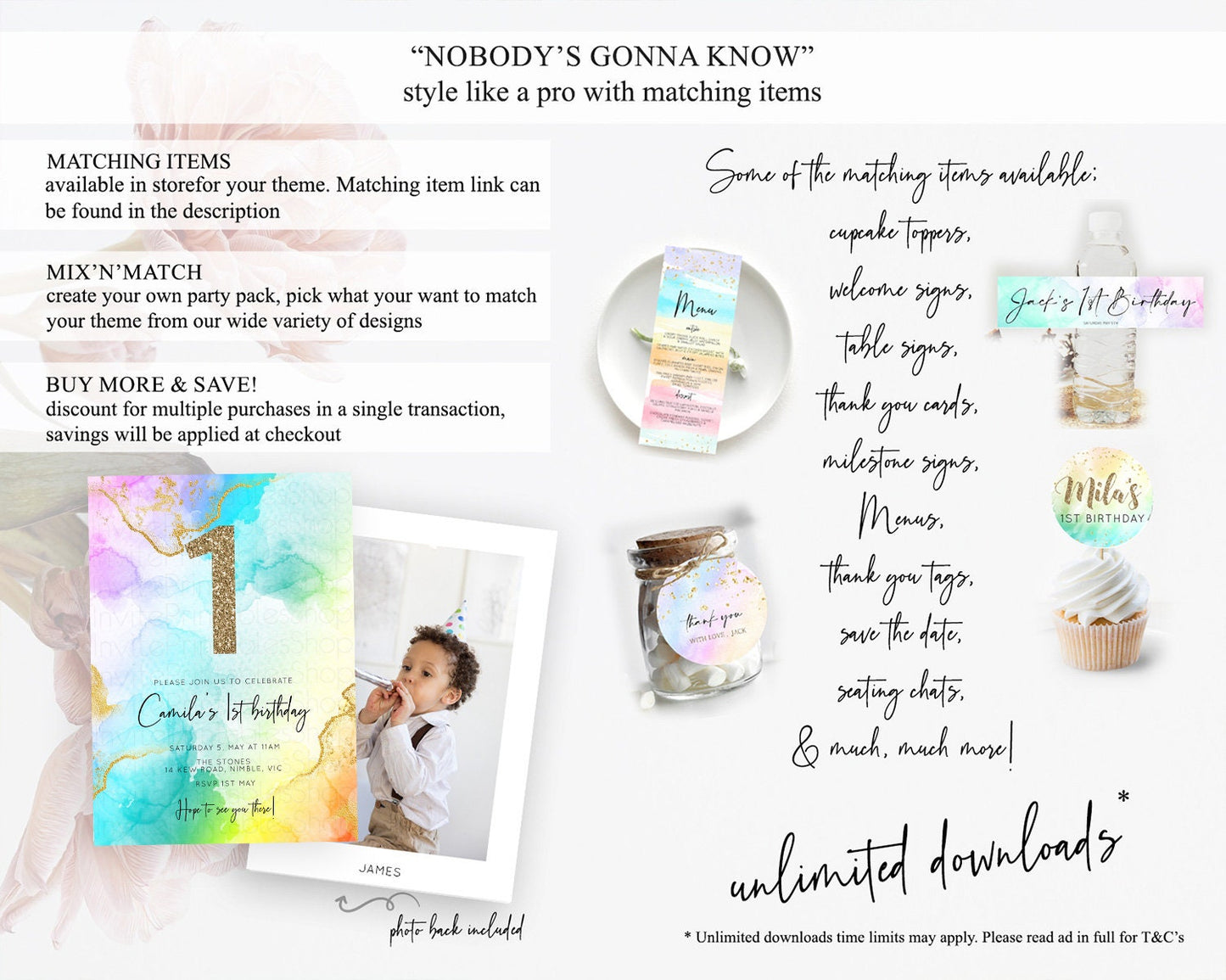 Rainbow Birthday Invitation Colorful Pastel Watercolor Invitation Gold Glitter Sprinkles Ombre Pastel 1st 2nd 3rd Birthday D10390