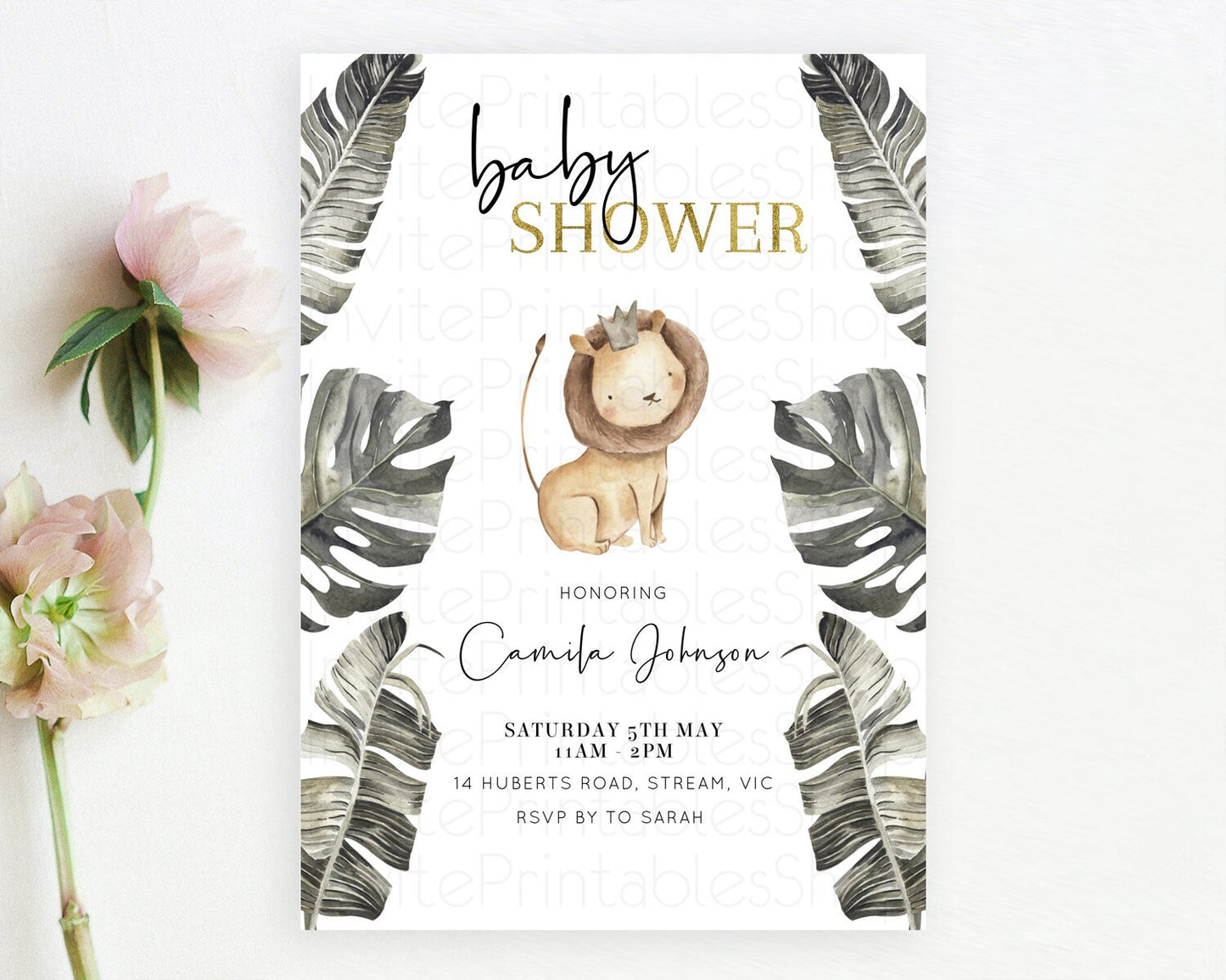 Safari Baby Shower Invitation Baby Lion Gorilla Elephant Rhino Invitation Tropical Palm Jungle Safari Adventure Baby Animals D10599