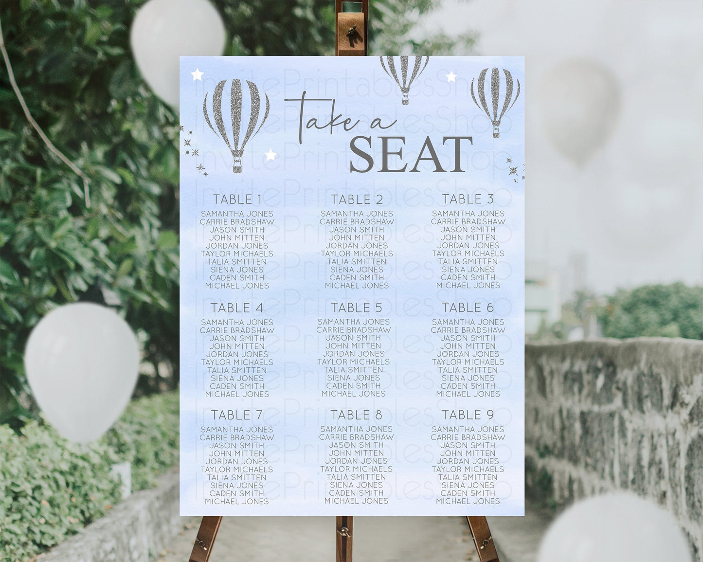 Hot Air Balloon Seating Chart Hot Air Balloon Seating Chart Adventure Awaits Up & Away Glitter Blue Watercolor Seating Take a Seat D10334