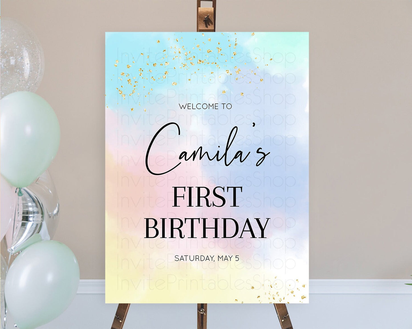 Pastel Welcome Sign Pastel Rainbow Welcome Sign Colorful Rainbow Confetti Watercolor Glitter Pastel First Birthday Welcome Sign D10368