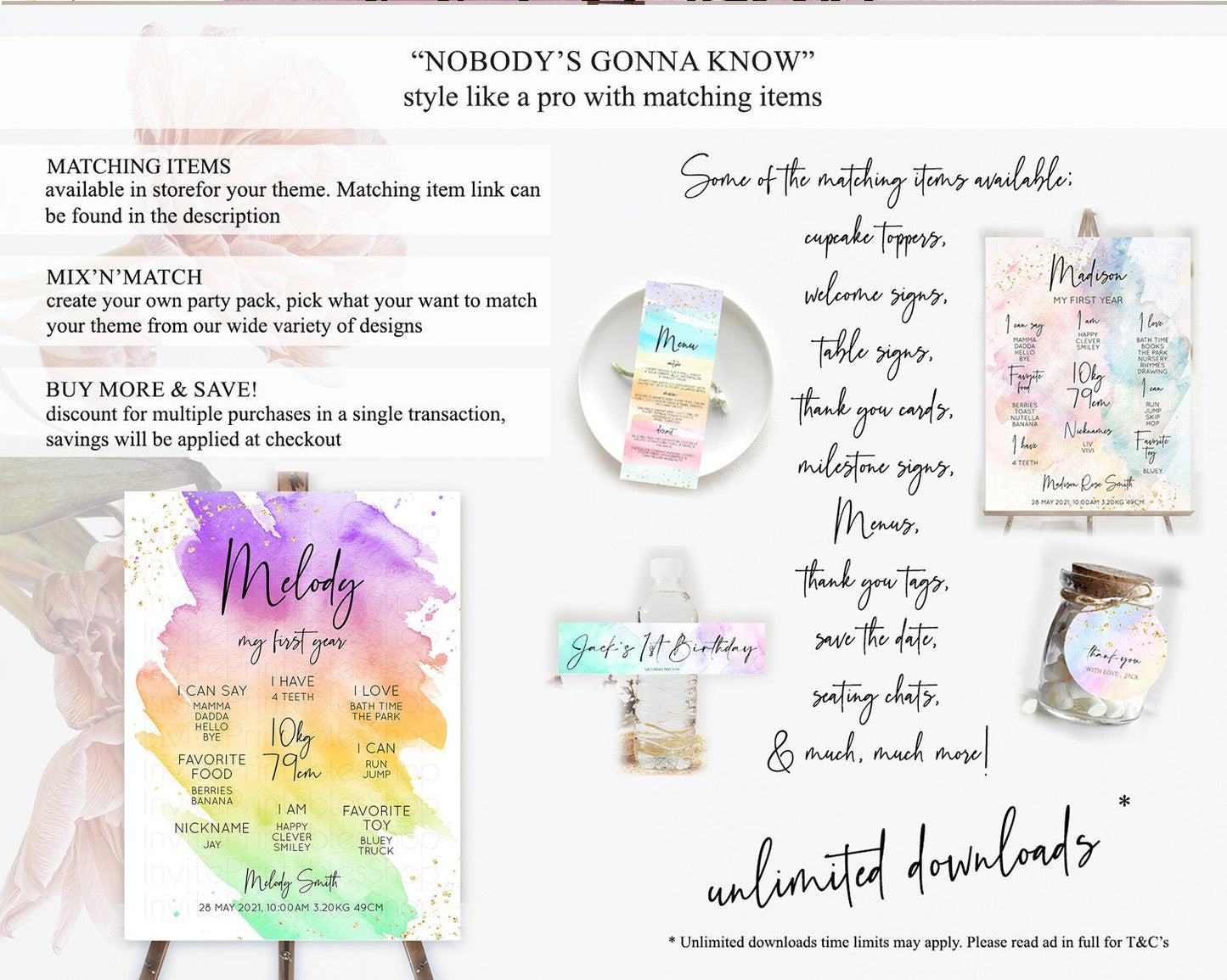 Pastel First Birthday Milestone Board Pastel Rainbow Milestone Poster Colorful Confetti Watercolor Glitter 1st Birthday Welcome Sign D10518