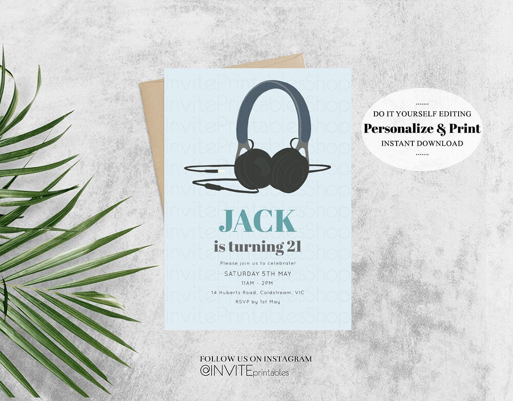 21st DJ Birthday Invitation DJ Headphones Invite Techno House Dance Music Club Disco Electro Funk DJS 16th 18th 30th 40th 50th Invite 346