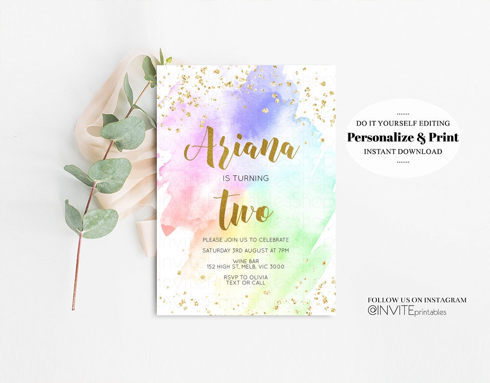 Rainbow Birthday Invitation Colorful Invite Watercolor Confetti Gold Glitter Sprinkles Ombre Pastel Invite 1st 2nd 3rd Birthday Invite 377