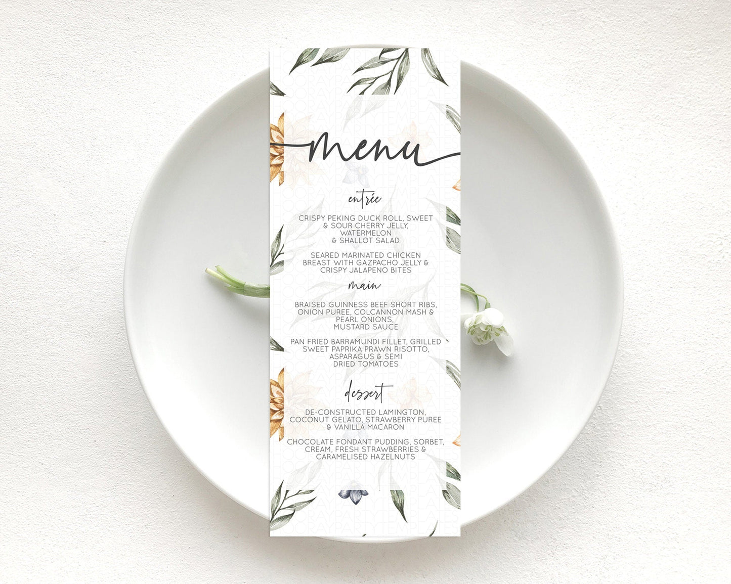 Leafy Menu Green Leaf Menu Template Eucalyptus Fern Leaves Decor Watercolor Boho Garden Leaf Branch Dinner Dessert Party Food Menu D10544