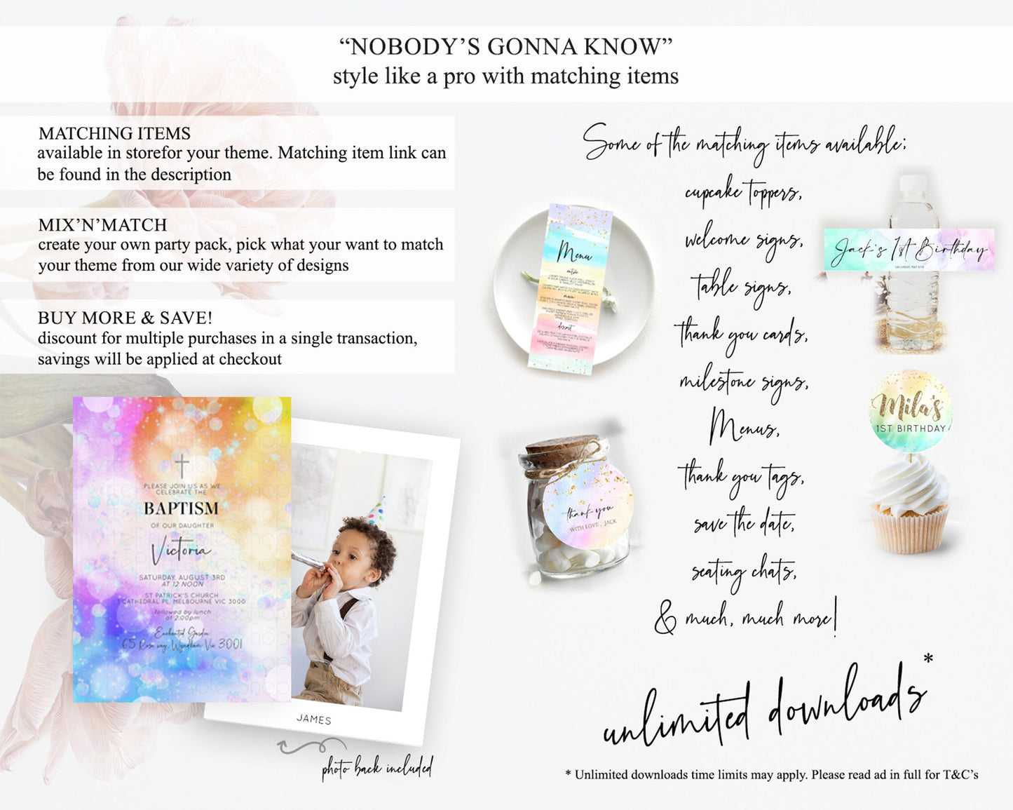 Rainbow Baptism Invitation Colorful Pastel Watercolor Baptism 1st Birthday Invitation Iridescent Glitter Sprinkles Ombre Christening D10690