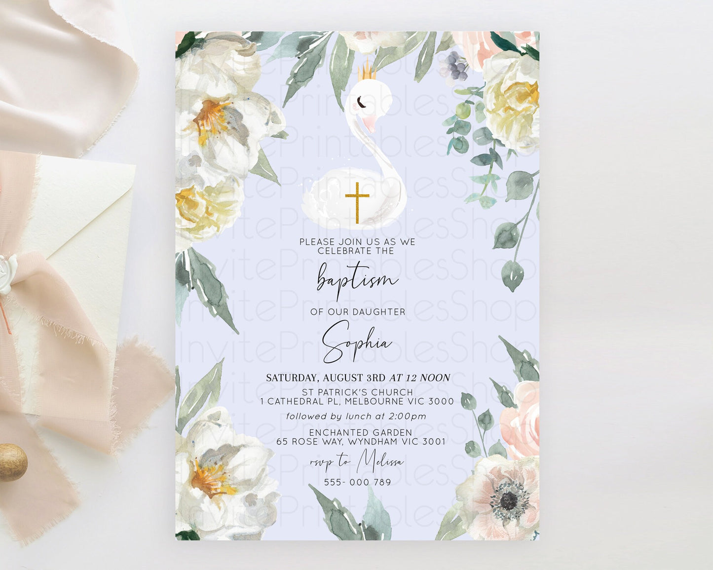 Swan Lake Baptism Invitation Swan Princess Ballet Baptism 1st Birthday Enchanted Forest Secret Garden Watercolour Pastel Floral D10756