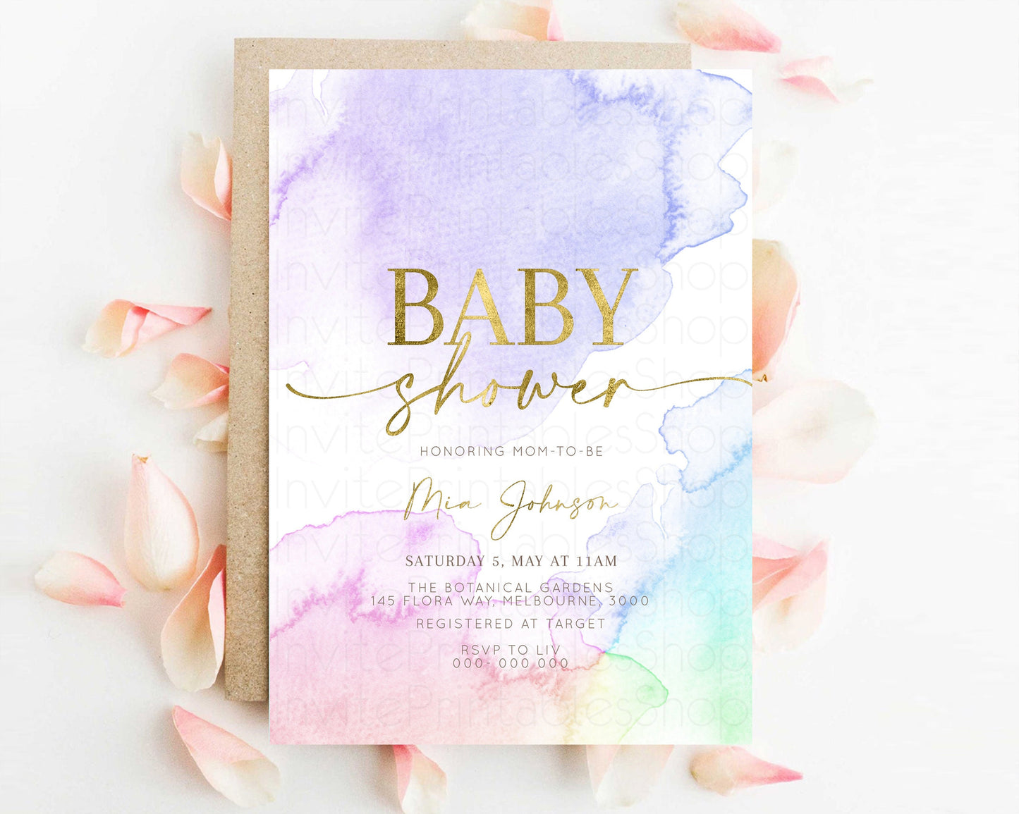 Rainbow Baby Shower Invitation Pastel Watercolor Invitation Ombre Splash Invite Glitter Confetti Sprinkles Colorful Gender Neutral 193