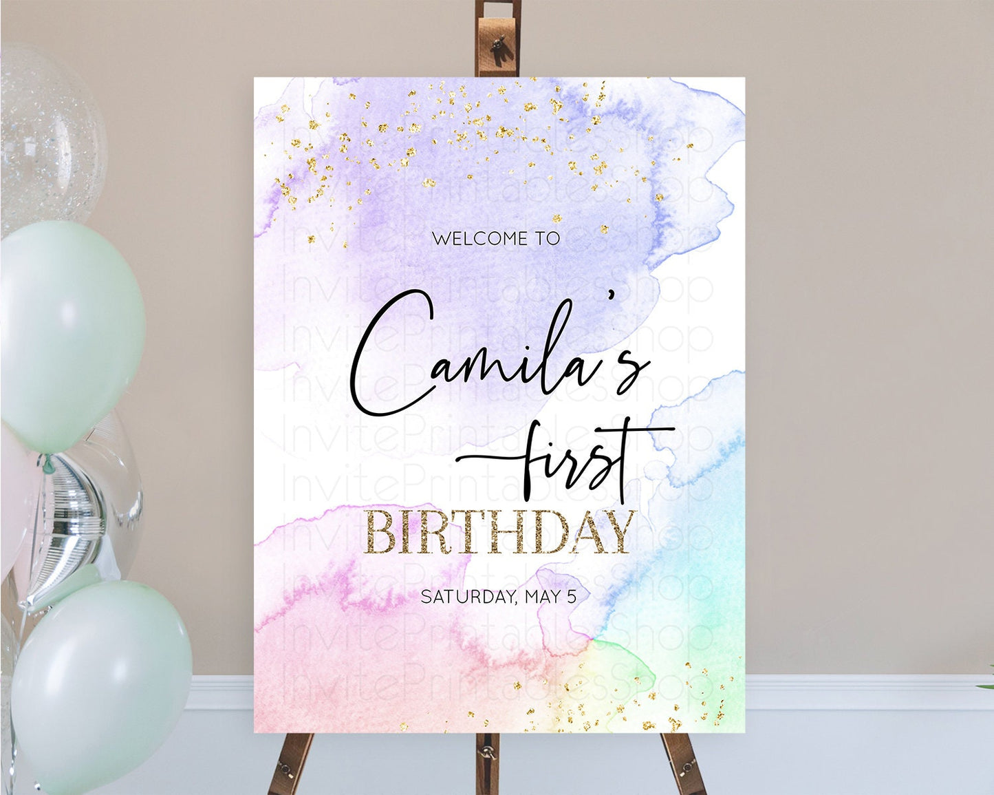 Pastel Welcome Sign Pastel Rainbow Welcome Sign Colorful Rainbow Confetti Watercolor Glitter Pastel First Birthday Welcome Sign D10215