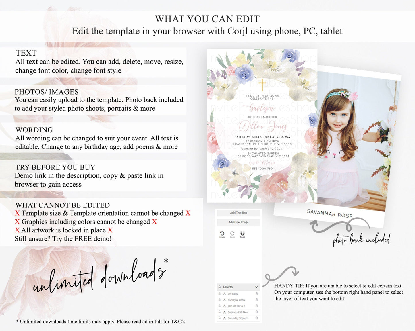 Secret Garden Baptism Invitation Wildflower Baptism Birthday Invite Pastel Flowers Christening Invite Enchanted Garden Boho Floral D10841