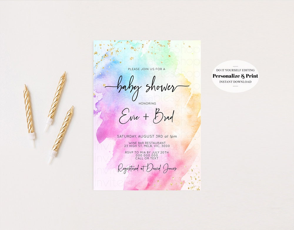 Rainbow Baby Shower Invitation Pastel Watercolor Invitation Colorful Splash Invite Gold Sprinkles Invite Gold Glitter Confetti Invite 504