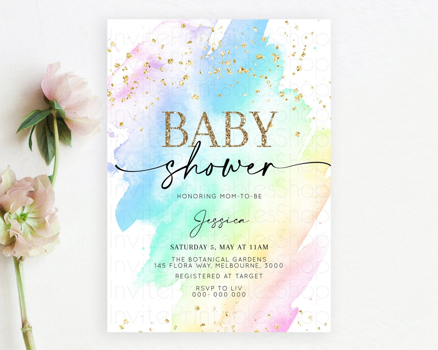 Pastel Baby Shower Invitation Rainbow Baby Shower Invitation Colorful Pastel Watercolor Invitation Gold Glitter Sprinkles Ombre D10640