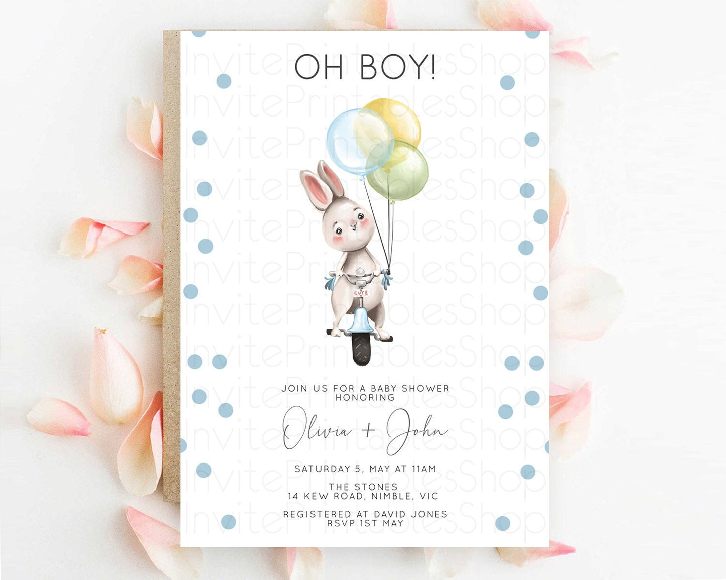 Bunny Baby Shower Invitation, Cute Rabbit Holding Balloons On a Trike with Colorful Confetti, Pastel Blue, Green, Yellow Theme Oh Boy D10783