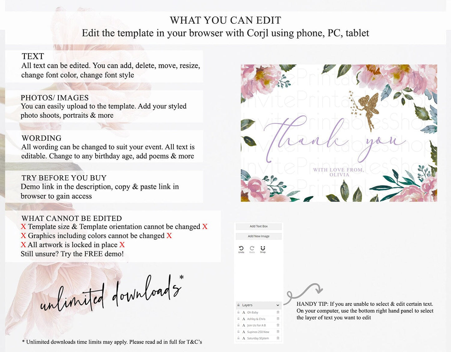 Fairy Thank You Fairy Thank You Card Enchanted Garden Pastel Butterfly Birthday Thank You Floral Secret Garden Teacher Thank You D10727