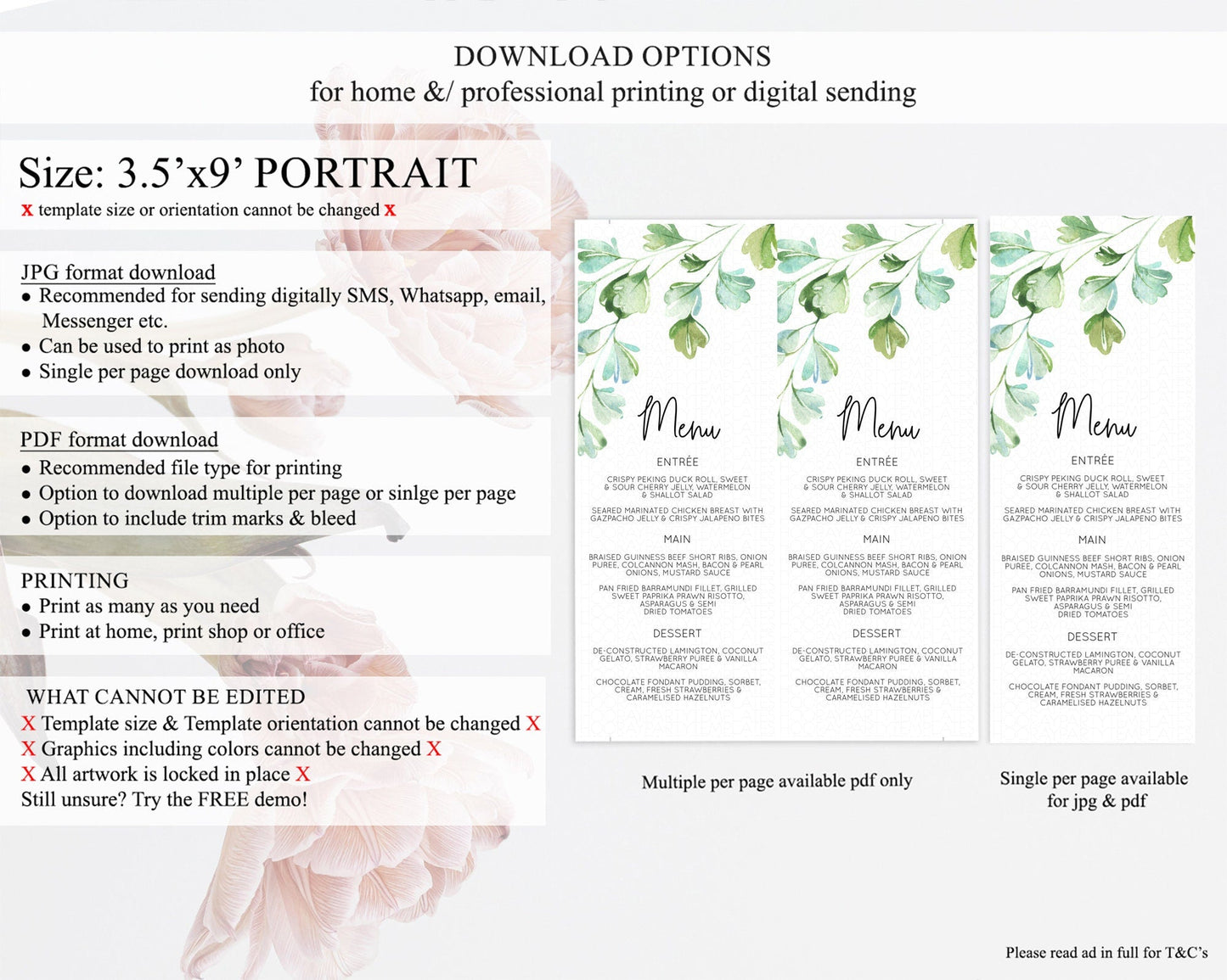 Leafy Menu Green Leaf Menu Template Eucalyptus Fern Leaves Decor Watercolor Boho Garden Leaf Branch Dinner Dessert Party Food Menu D11057