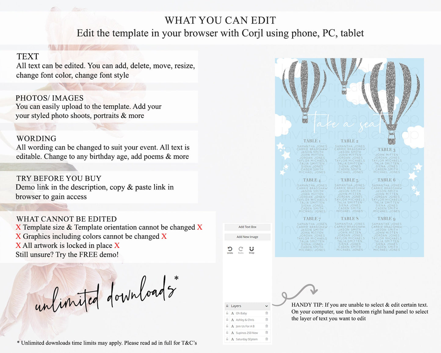 Hot Air Balloon Seating Chart Hot Air Balloon Seating Chart Adventure Awaits Up & Away Glitter Blue Watercolor Seating Take a Seat D10335