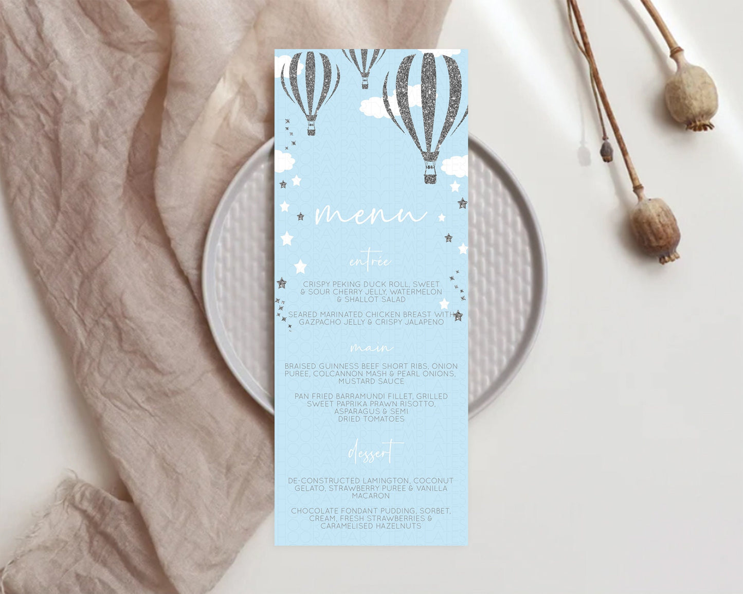 Hot Air Balloon Menu Hot Air Balloon Menu Template Hot Air Balloon Table Decor Adventure Awaits Dinner Dessert Party Food Menu D10335