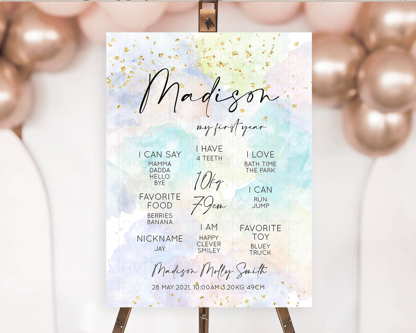 Pastel First Birthday Milestone Board Pastel Rainbow Milestone Poster Colorful Confetti Watercolor Glitter 1st Birthday Welcome Sign D10613