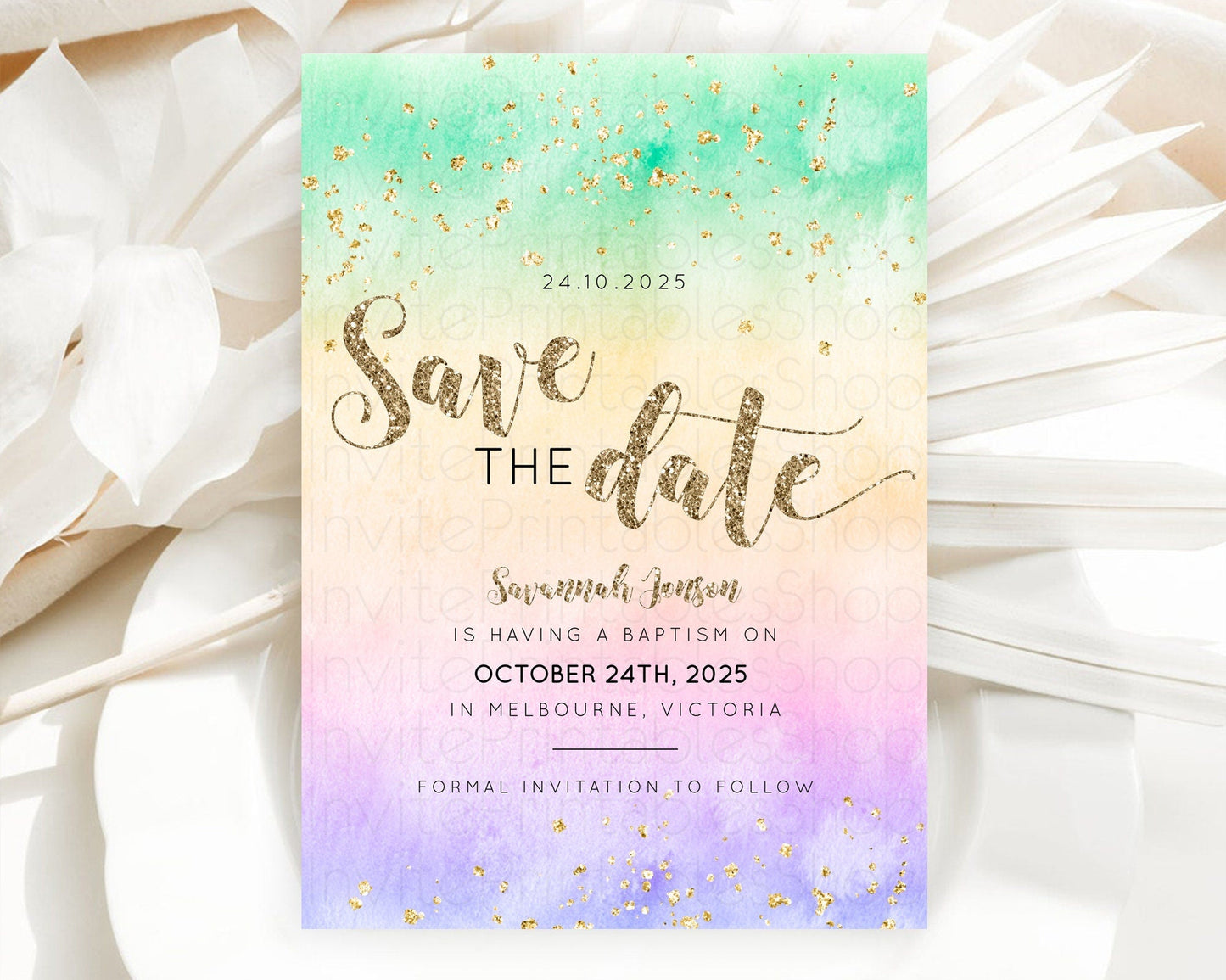 Pastel Save The Date Template Pastel Ombre Rainbow Watercolor Colorful Party For Birthday Baptism Baby Shower Wedding Bridal Shower D10478