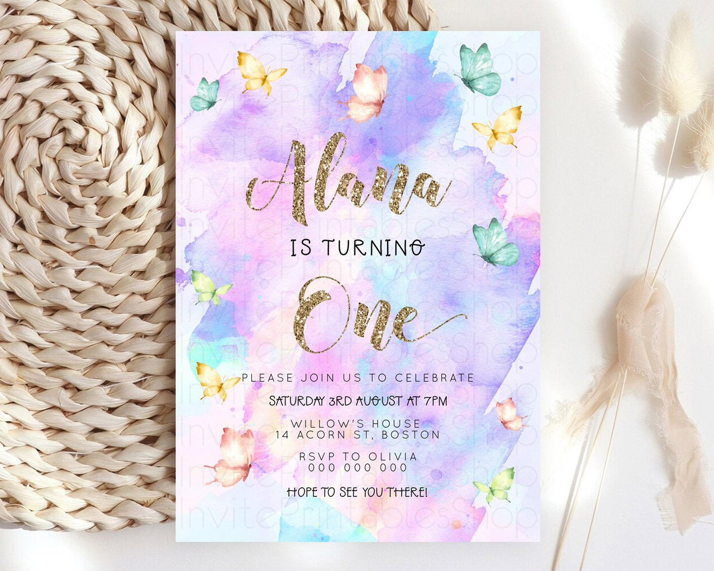 Pastel Butterfly Birthday Invitation Butterfly Birthday Invitation Colorful Splash Glitter Butterfly Garden 1st 2nd Birthday D23252