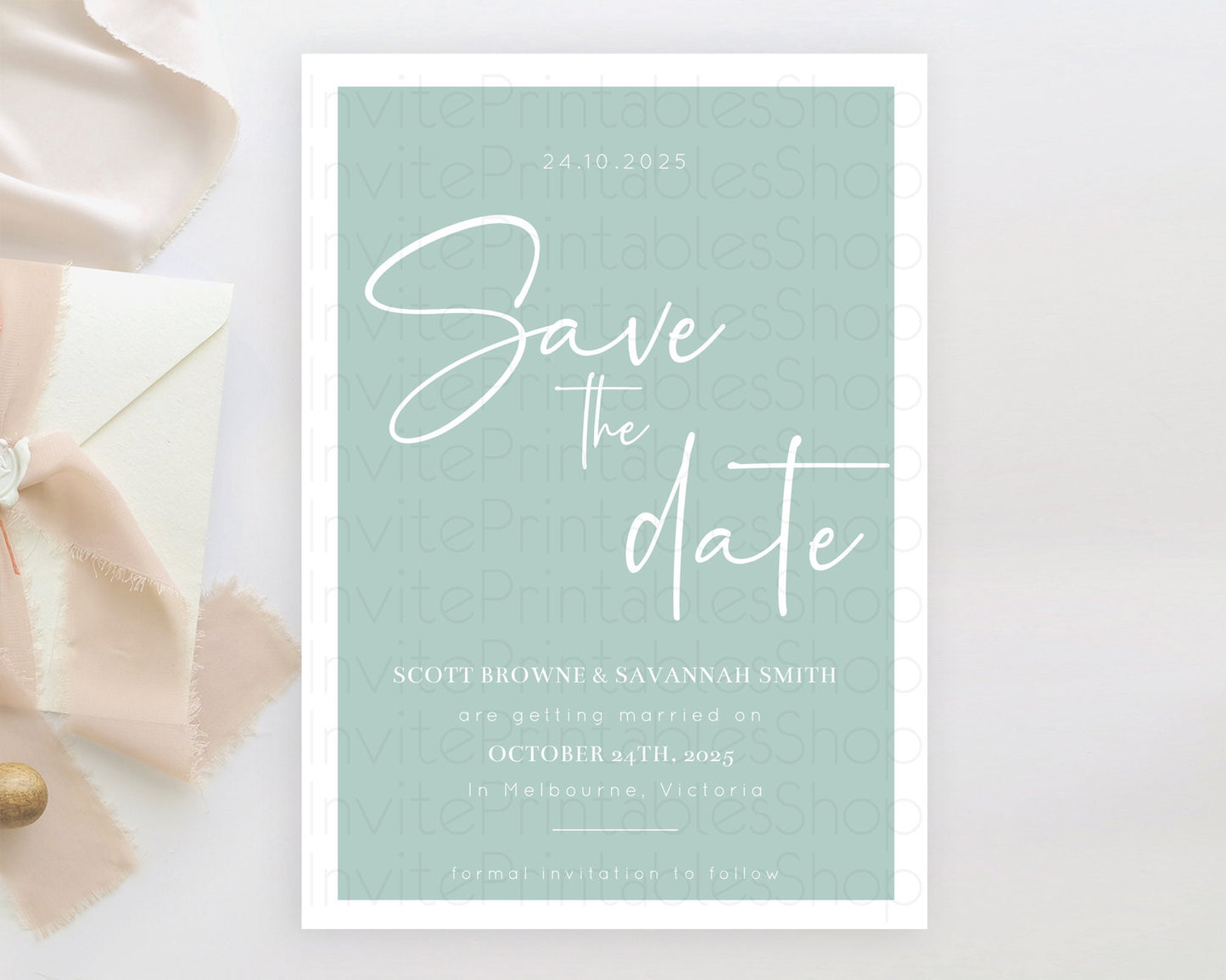 Minimalist Green Save The Date Template Simple Modern Green Party Theme For 1st Birthday Baptism Baby Shower Wedding Bridal Shower D10736