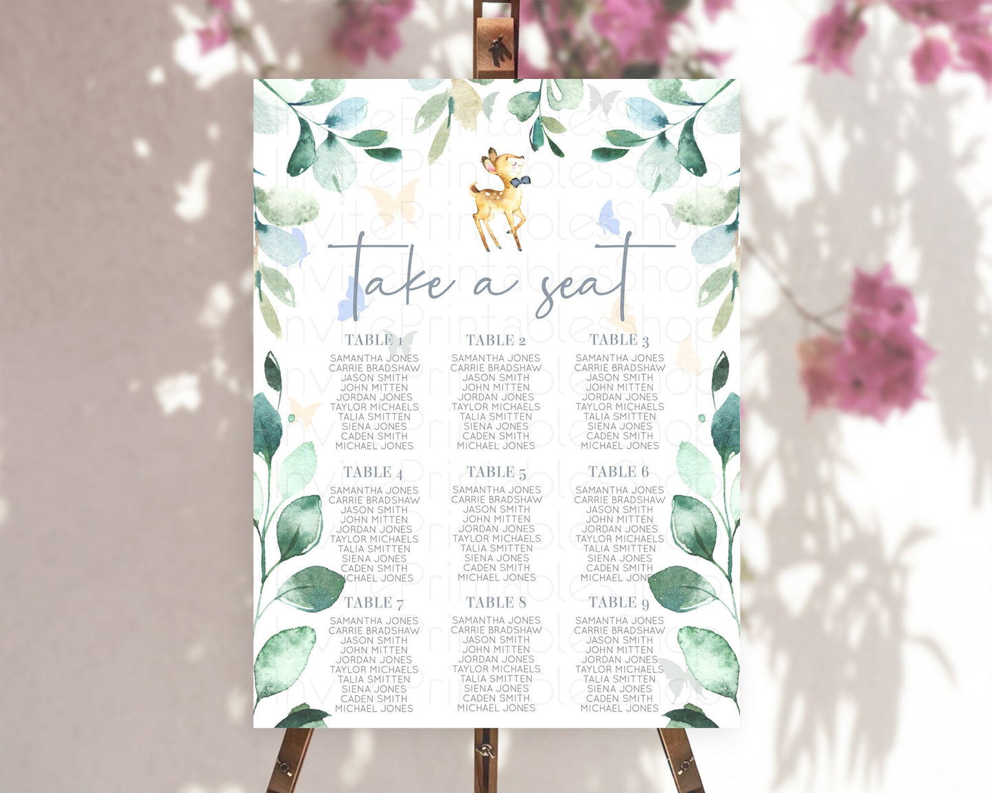 Fawn Seating Chart Deer Seating Chart Enchanted Forest Party Butterfly Pastel Flowers Whimsical Seating Chart Woodland Seating Sign D10767