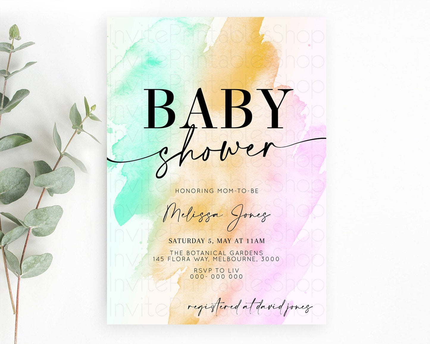 Pastel Baby Shower Invitation Rainbow Baby Shower Invitation Colorful Pastel Watercolor Invitation Gold Glitter Sprinkles Ombre D10962