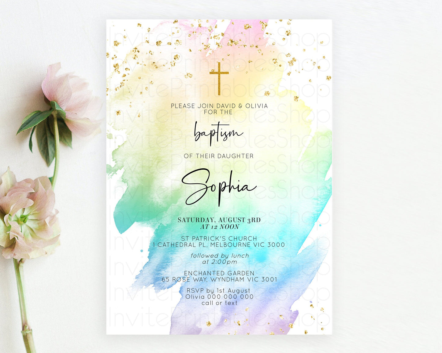 Pastel Baptism Invitation Pastel Colors Watercolor Baptism 1st Birthday Party Gold Ombre Pastel Rainbow Christening Holy Communion D10279