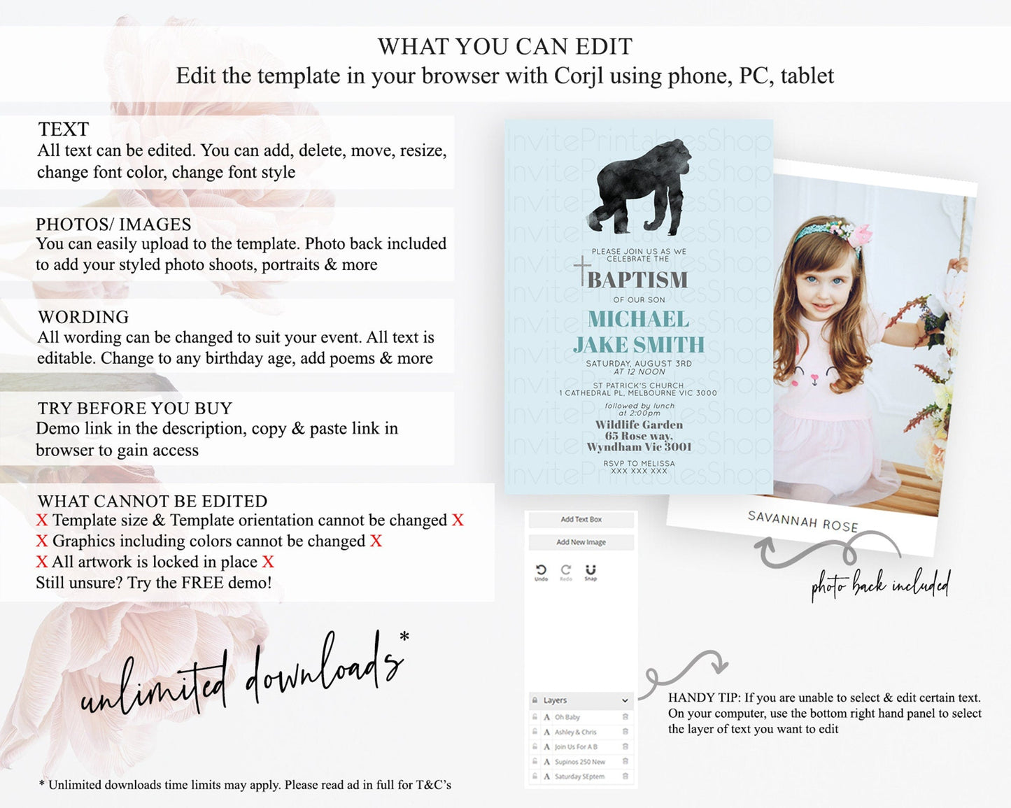 Gorilla Baptism Invitation Gorilla Baptism 1st Birthday Invitation Gorilla Jungle Adventure Christening Invitation Wild Zoo Theme D10799