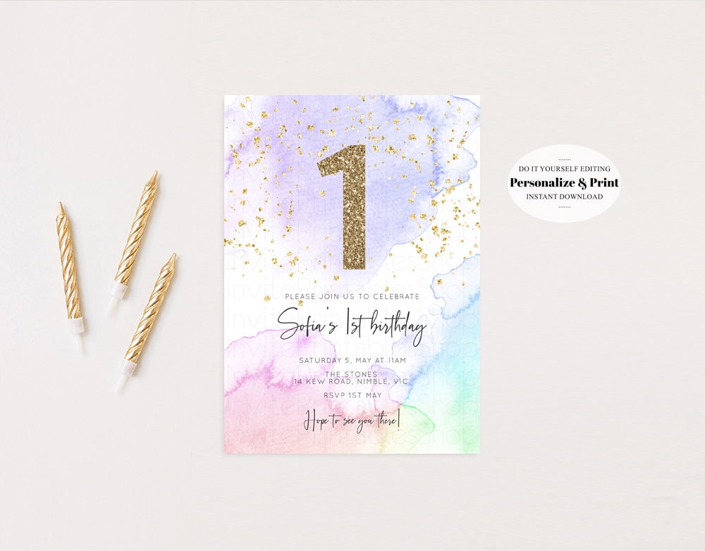 Rainbow Birthday Invitation Pastel Birthday Invitation Ombre Rainbow Invite Colorful Watercolor Invite Glitter Sprinkle Invitation