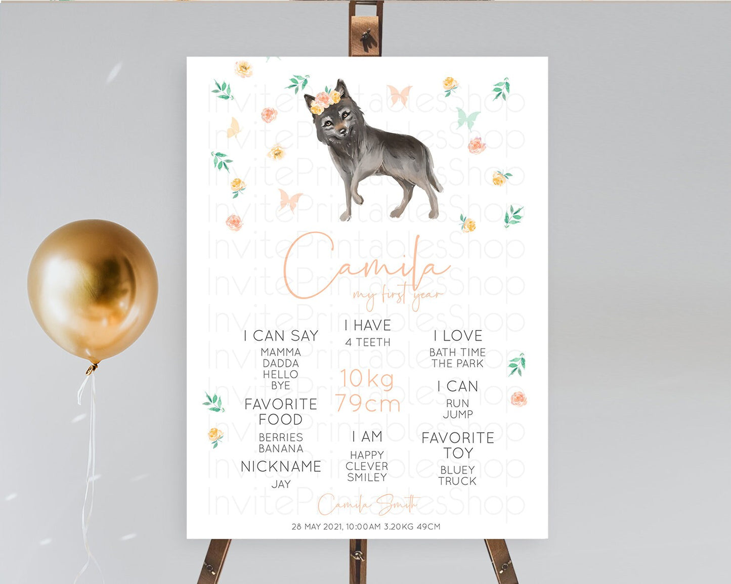 Wolf First Birthday Milestone Poster Wolf Milestone Board Pastel Floral Wolf Milestone First Birthday Welcome Sign D10362