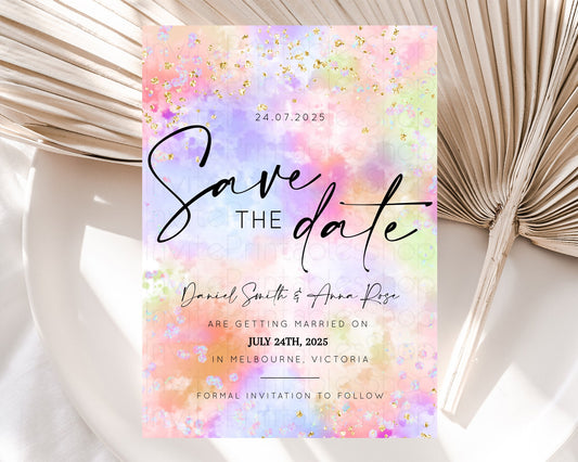 Pastel Save The Date Template Pastel Ombre Rainbow Watercolor Colorful Party For Birthday Baptism Baby Shower Wedding Bridal Shower D10610