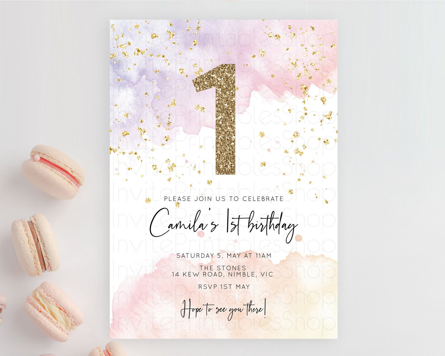 Rainbow Birthday Invitation Colorful Pastel Watercolor Invitation Gold Glitter Sprinkles Ombre Pastel 1st 2nd 3rd Birthday D10327