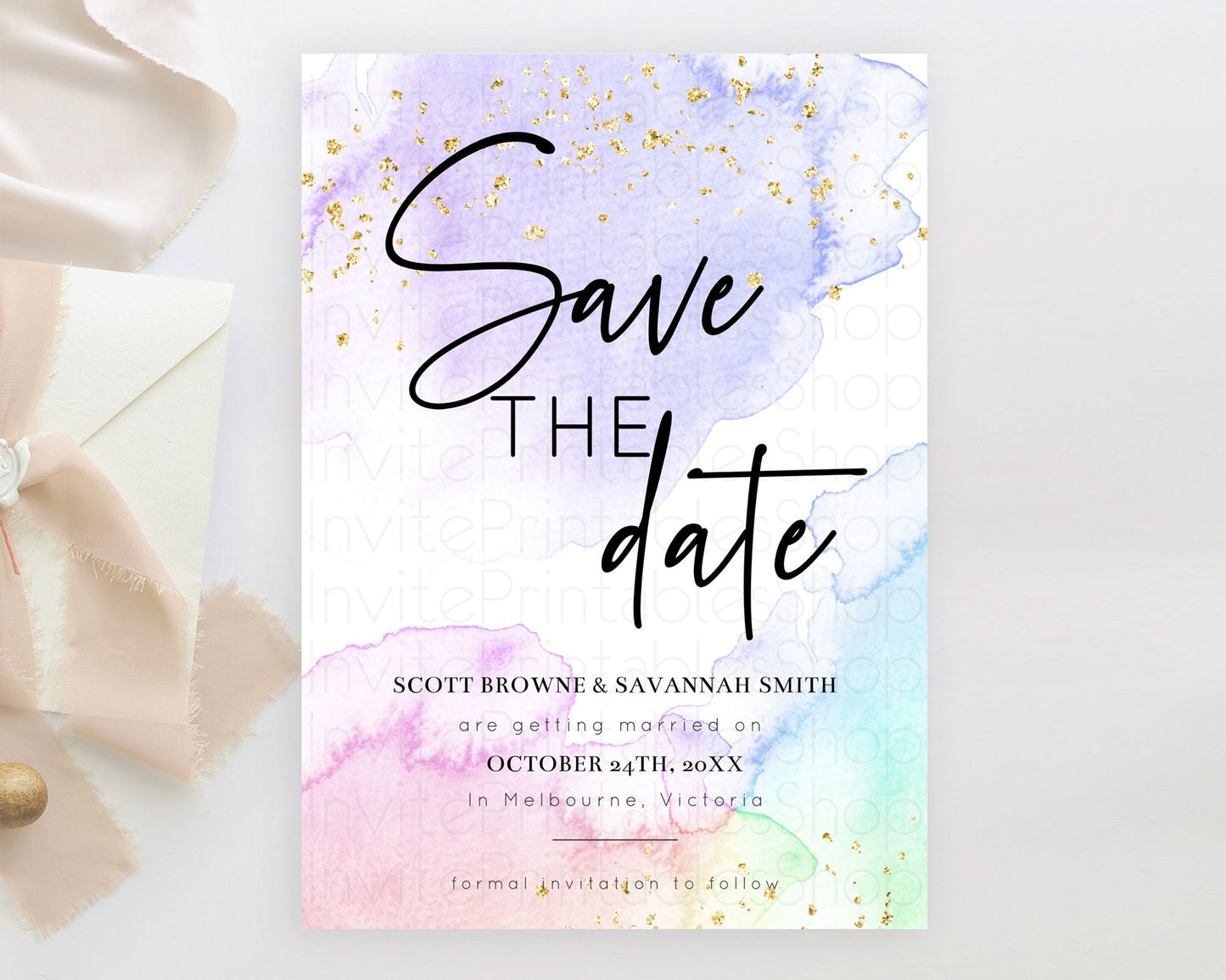 Pastel Save The Date Template Pastel Ombre Rainbow Watercolor Colorful Party For Birthday Baptism Baby Shower Wedding Bridal Shower D10215