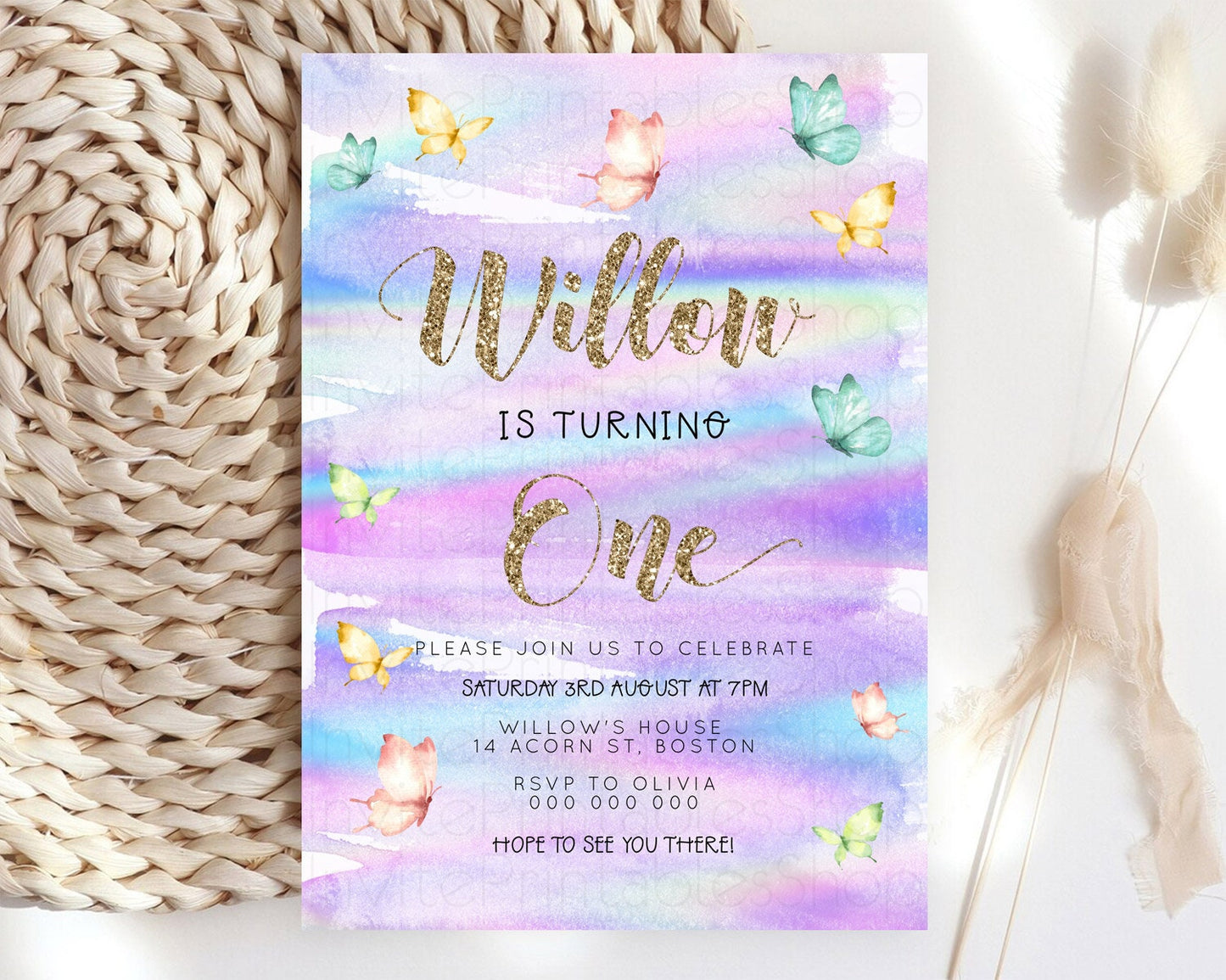 Pastel Butterfly Birthday Invitation Butterfly Birthday Invitation Colorful Splash Glitter Butterfly Garden 1st 2nd Birthday D23215