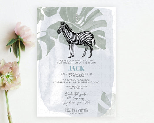 Zebra Baptism Invitation Zebra Baptism 1st Birthday Invitation Jungle Safari Christening Invite Watercolor Tropical Zoo Adventure D10814