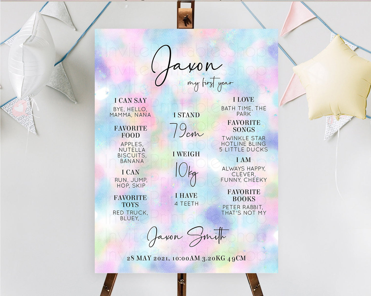 Pastel First Birthday Milestone Board Pastel Rainbow Milestone Poster Colorful Confetti Watercolor Glitter 1st Birthday Welcome Sign D10694
