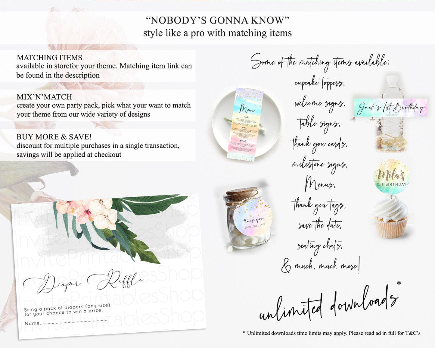 Tropical Diaper Raffle Card Tropical Diaper Raffle Insert Palm Leaf Diaper Ticket Fern Frangipani Floral White Orchid Raffle Game D11011