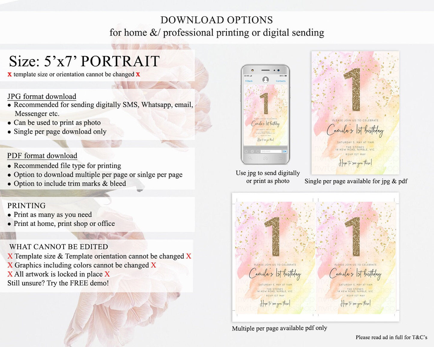 Pink Birthday Invitation pink Watercolor Invitation Pastel pink Watercolor Invitation pink Splash Gold Invitation 1st First Birthday D10167
