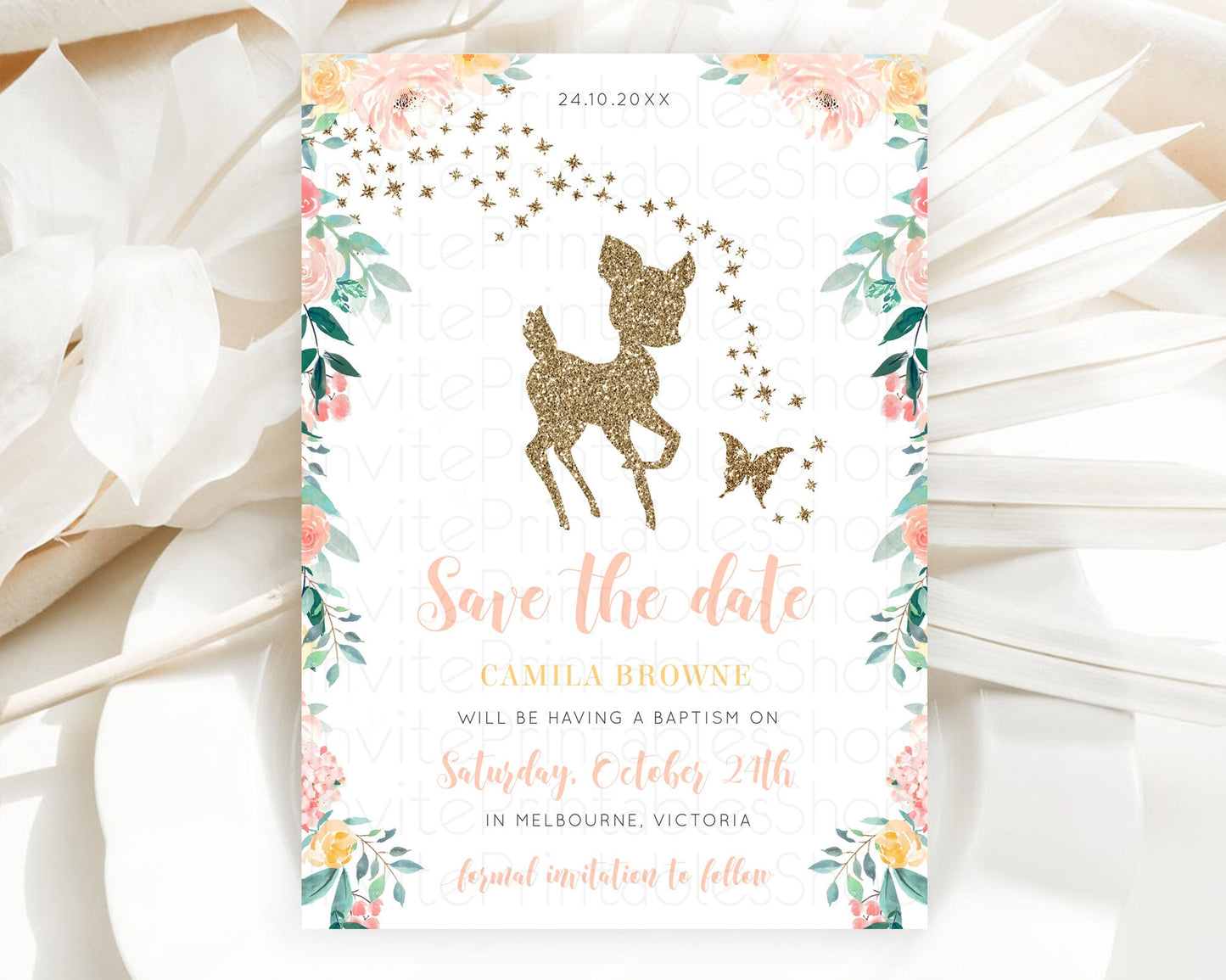 Fawn Deer Save The Date Template Pastel Floral Deer Enchanted Forest Butterfly Party 1st Birthday Baptism Baby Shower Bridal Shower D10874