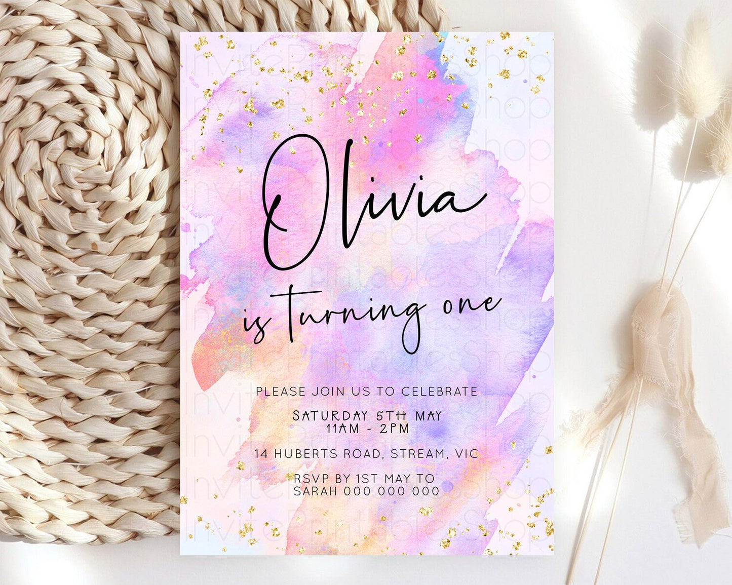 Pastel Birthday Invitation Ombre Watercolor Birthday Invitation Glitter Rainbow Color Splash 1st 2nd 3rd Birthday Invitation D23067