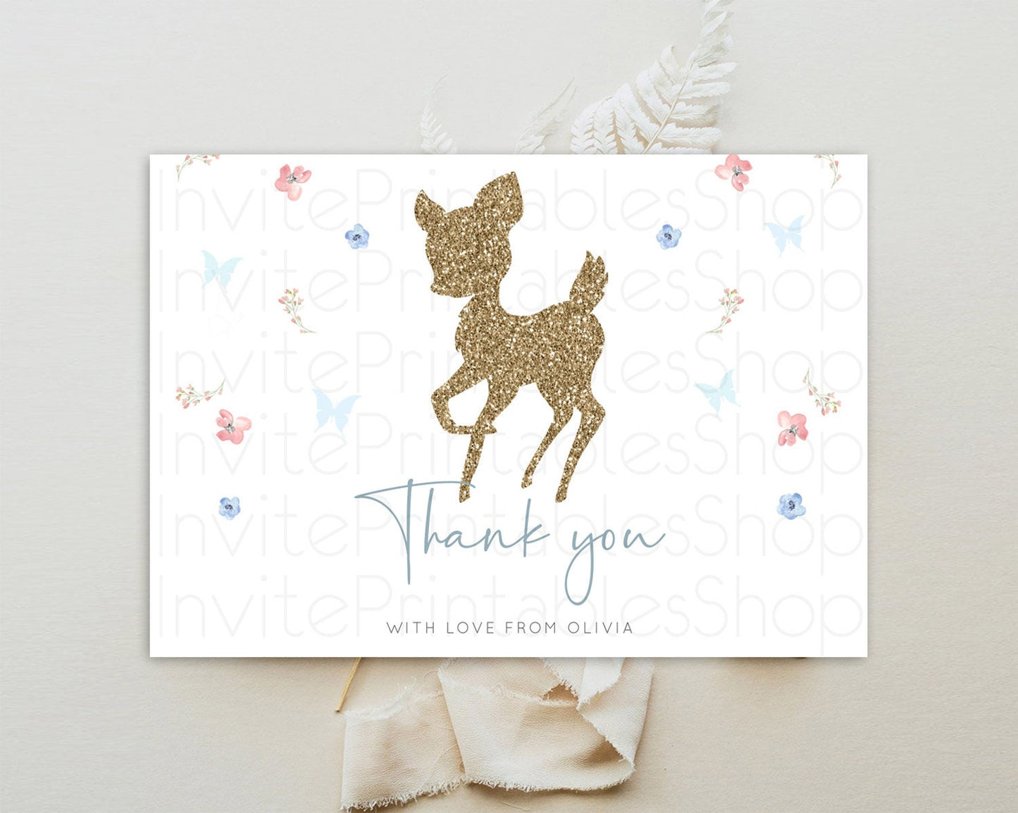 Fawn Thank You Deer Thank You Card Pastel Floral Deer Birthday Thank You Card Enchanted Forest Butterfly Deer Teacher Thank You Card D10359