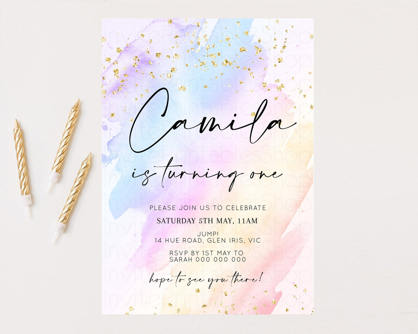 Rainbow Birthday Invitation Glitter Pastel Invitation Colorful Watercolor Gold Foil Splatter Sprinkle Ombre 1st 2nd 3rd Birthday Invite t600