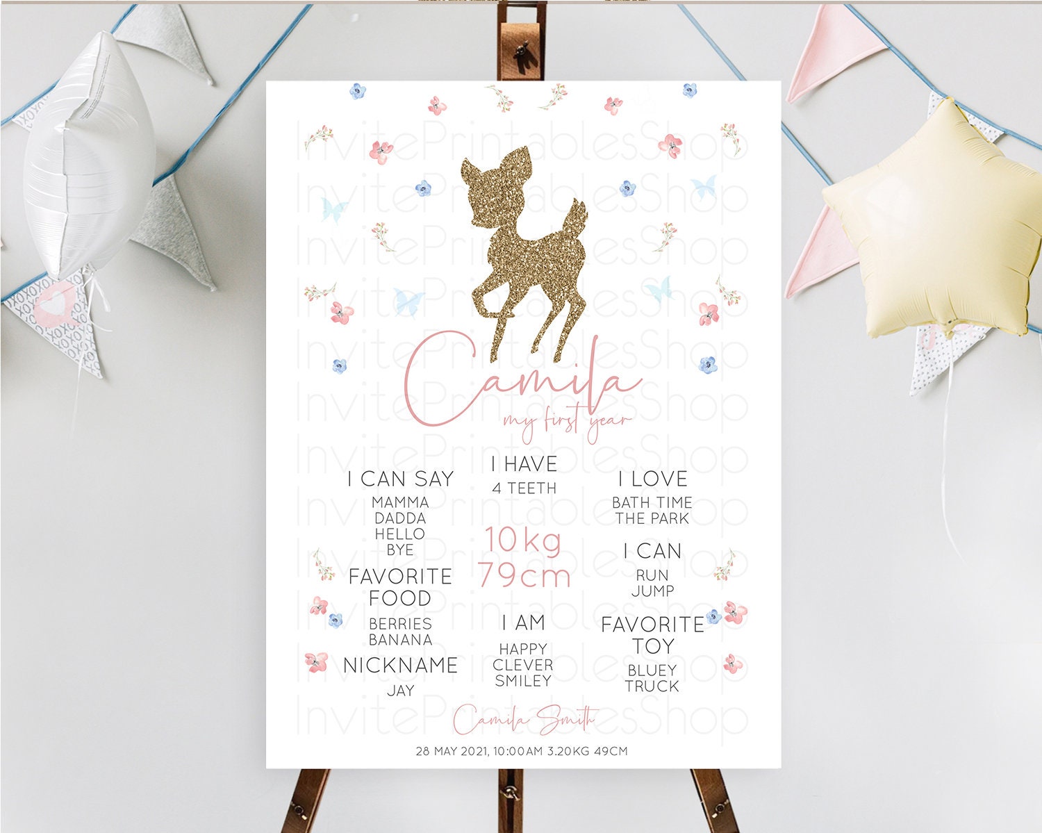 Editable Fawn First Birthday Milestone Board Deer First Birthday Milestone P