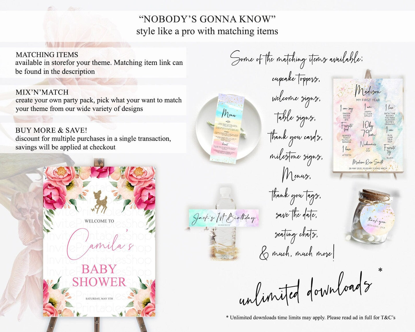Fawn Baby Shower Welcome Sign Deer Welcome Board Floral Deer Welcome Poster Enchanted Forest Butterfly Pastel Floral Welcome Sign D10326