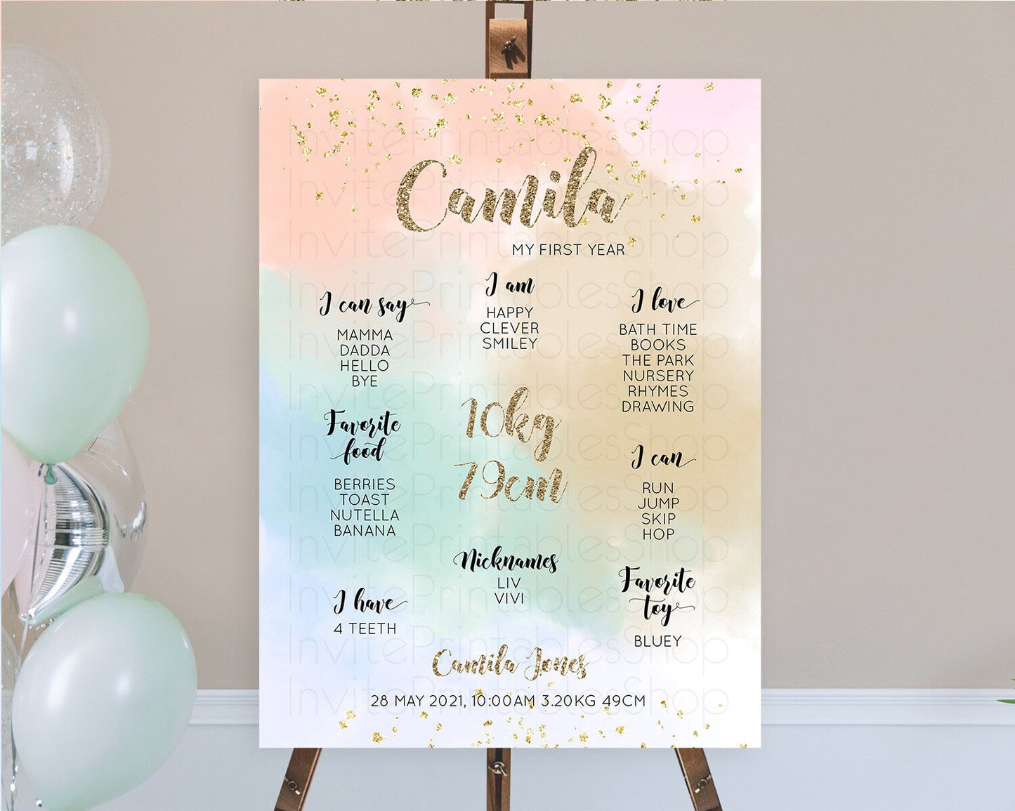 Pastel First Birthday Milestone Board Pastel Rainbow Milestone Poster Colorful Confetti Watercolor Glitter 1st Birthday Welcome Sign D10377