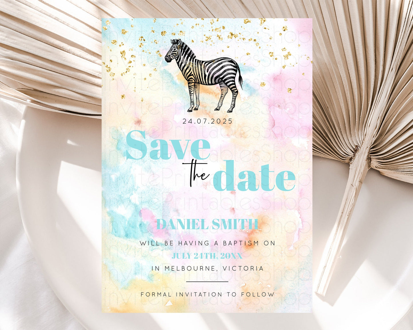 Pastel Zebra Save The Date Template Rainbow Watercolor Zebra Party Save The Date Colorful Zebra Theme Birthday Baptism Baby Shower D10281