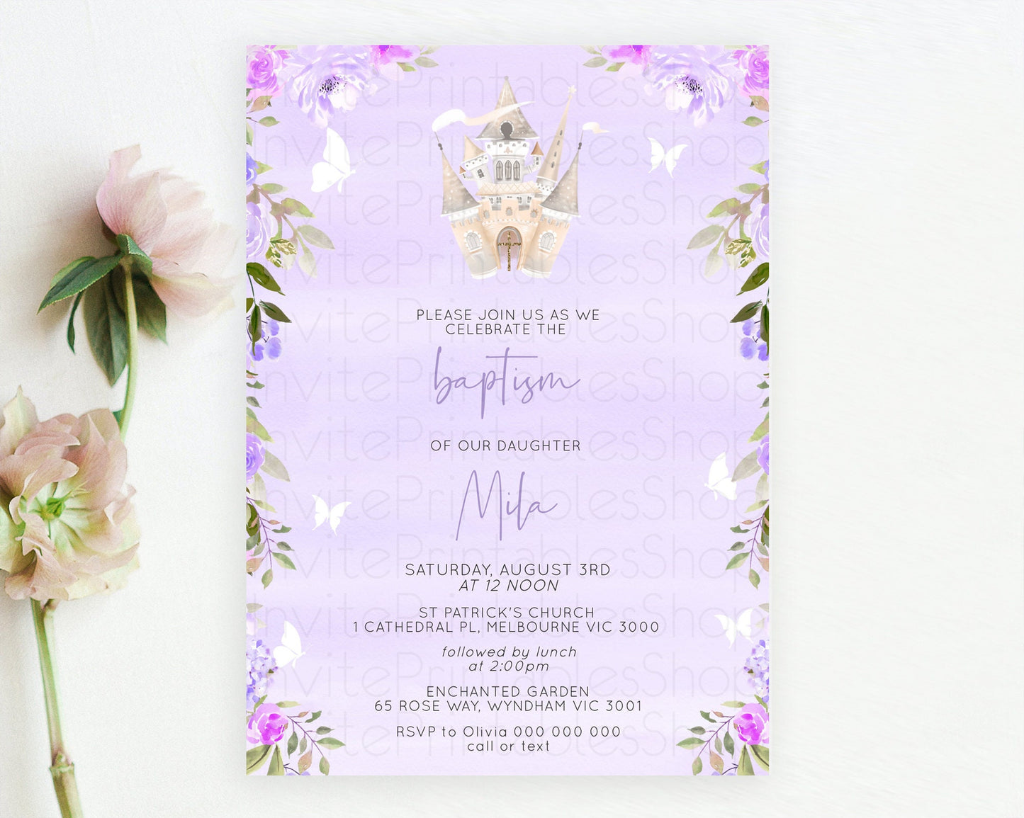 Princess Baptism Invitation Enchanted Castle Baptism 1st Birthday Invitation Royal Party Pastel Floral Secret Garden Christening D10339